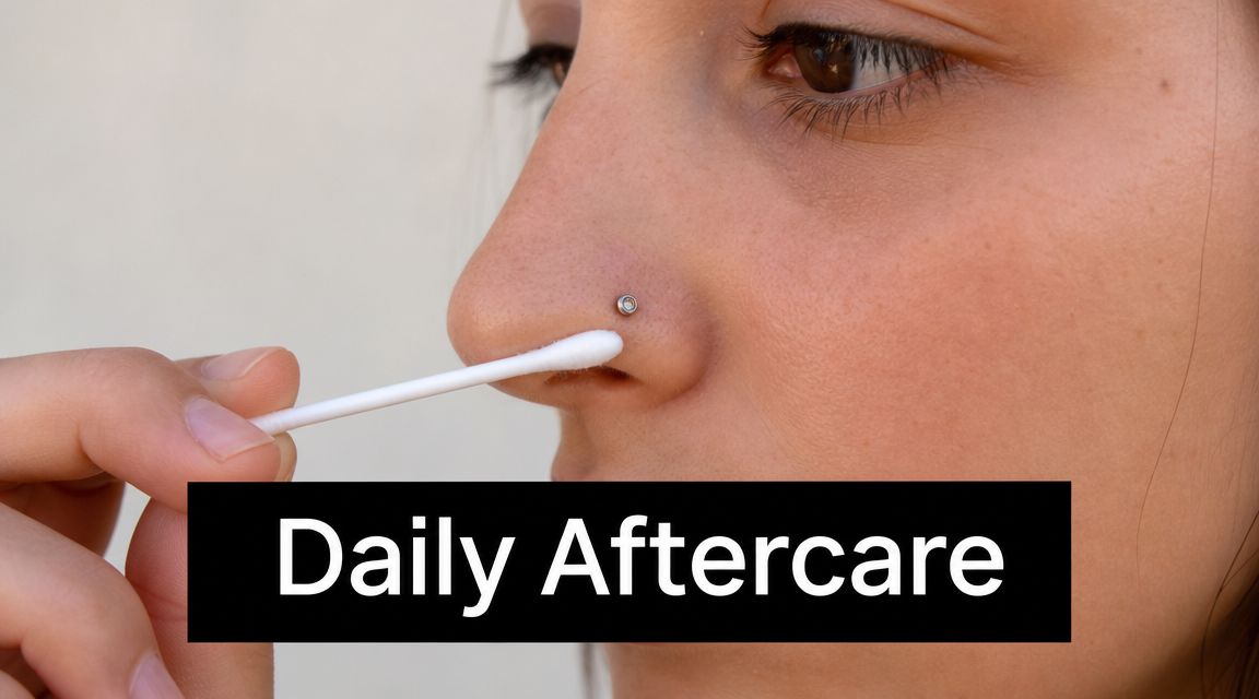 A close-up of a person cleaning their new nostril piercing using a sterile cotton swab.