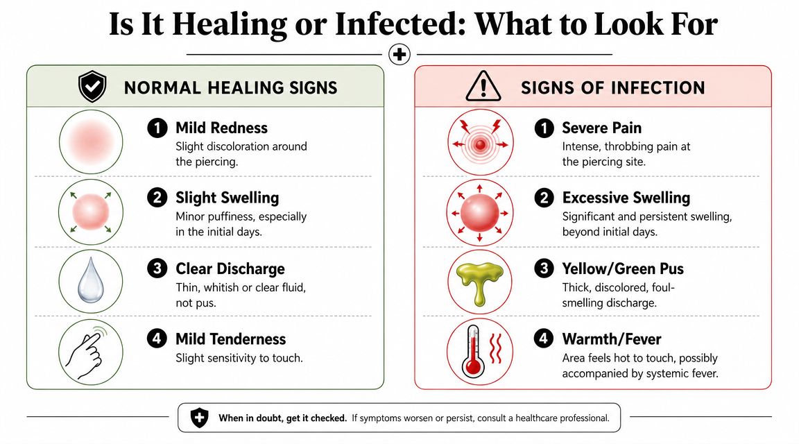 A chart comparing signs of normal piercing healing with signs of a potential infection.