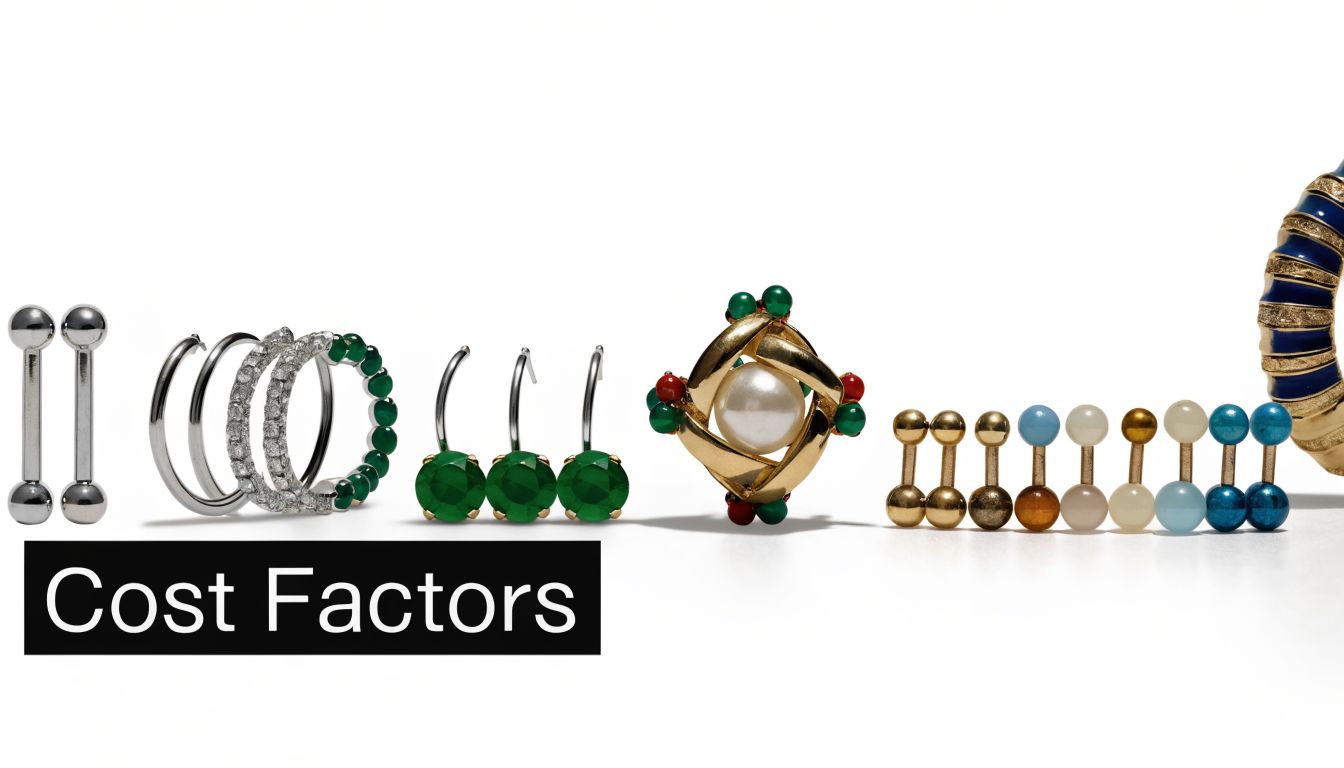 A diverse collection of various luxury jewelry pieces including earrings, barbells, and rings arranged on white.