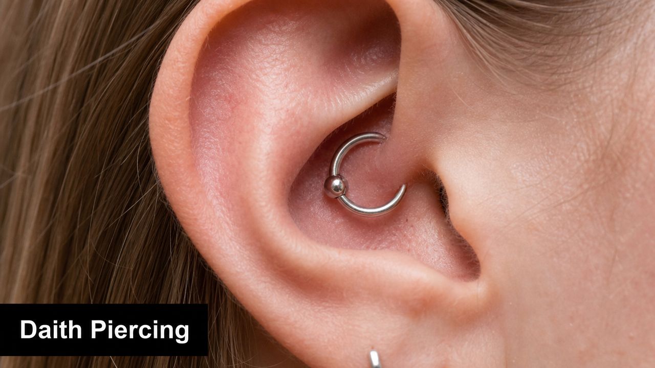 A close-up view of a person's ear featuring a silver metal hoop jewelry known as a daith piercing.