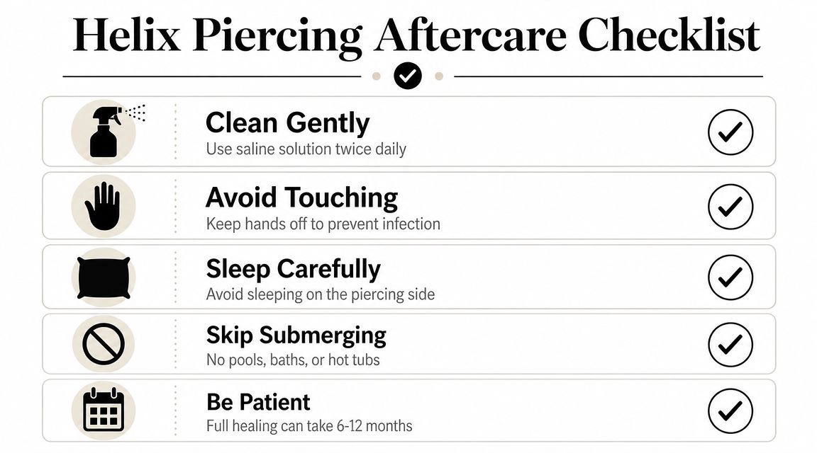 An infographic checklist for proper helix piercing aftercare, featuring five essential tips for healing a new piercing.