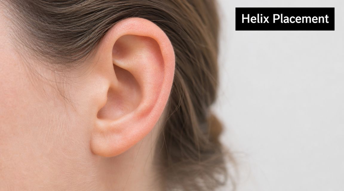 A close-up view of a human ear highlighting the upper outer rim where helix piercings are placed.