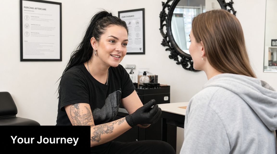 A professional piercer with tattoos discussing the process with a client in a bright studio setting.