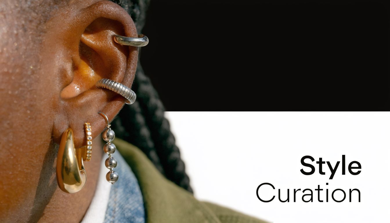 A close-up shot of an ear wearing a curated mix of gold and silver hoop earrings.