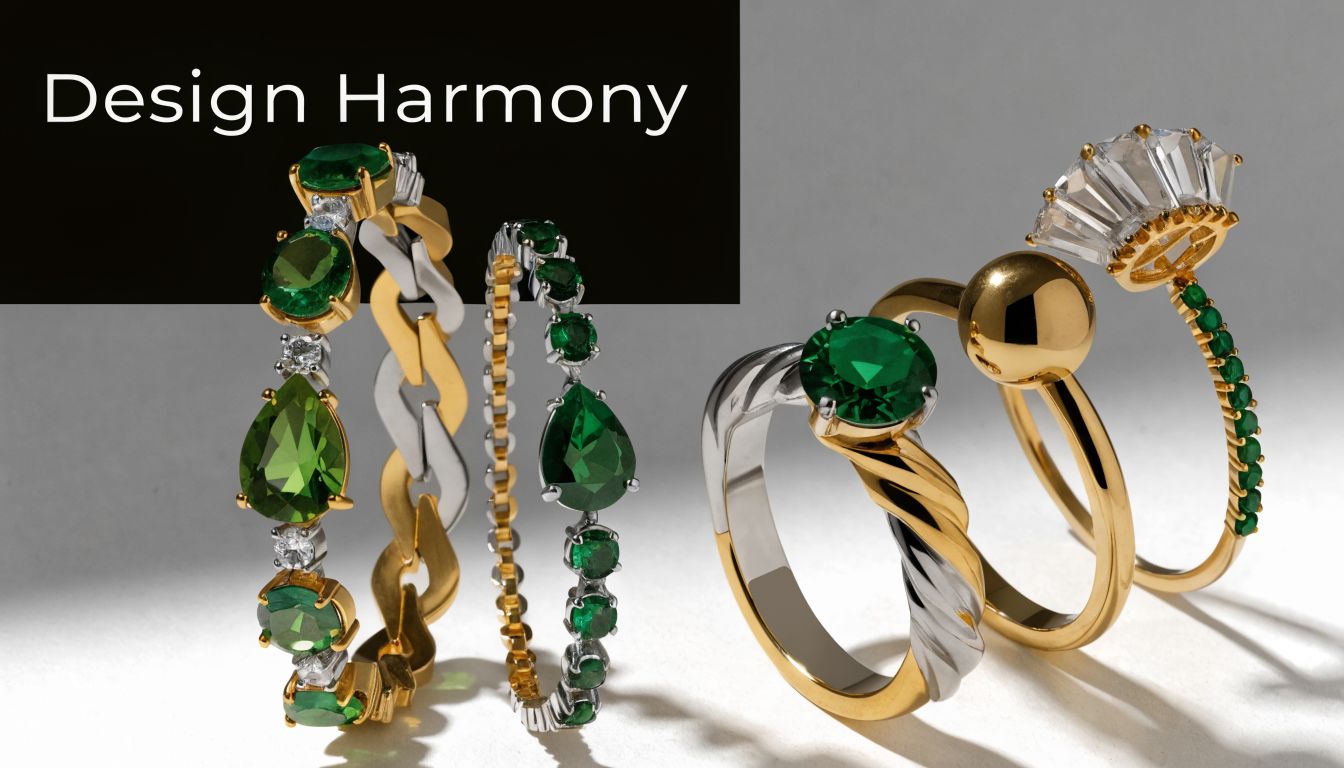 A luxurious collection of silver and gold mixed metal rings featuring vibrant green emeralds and clear diamonds.