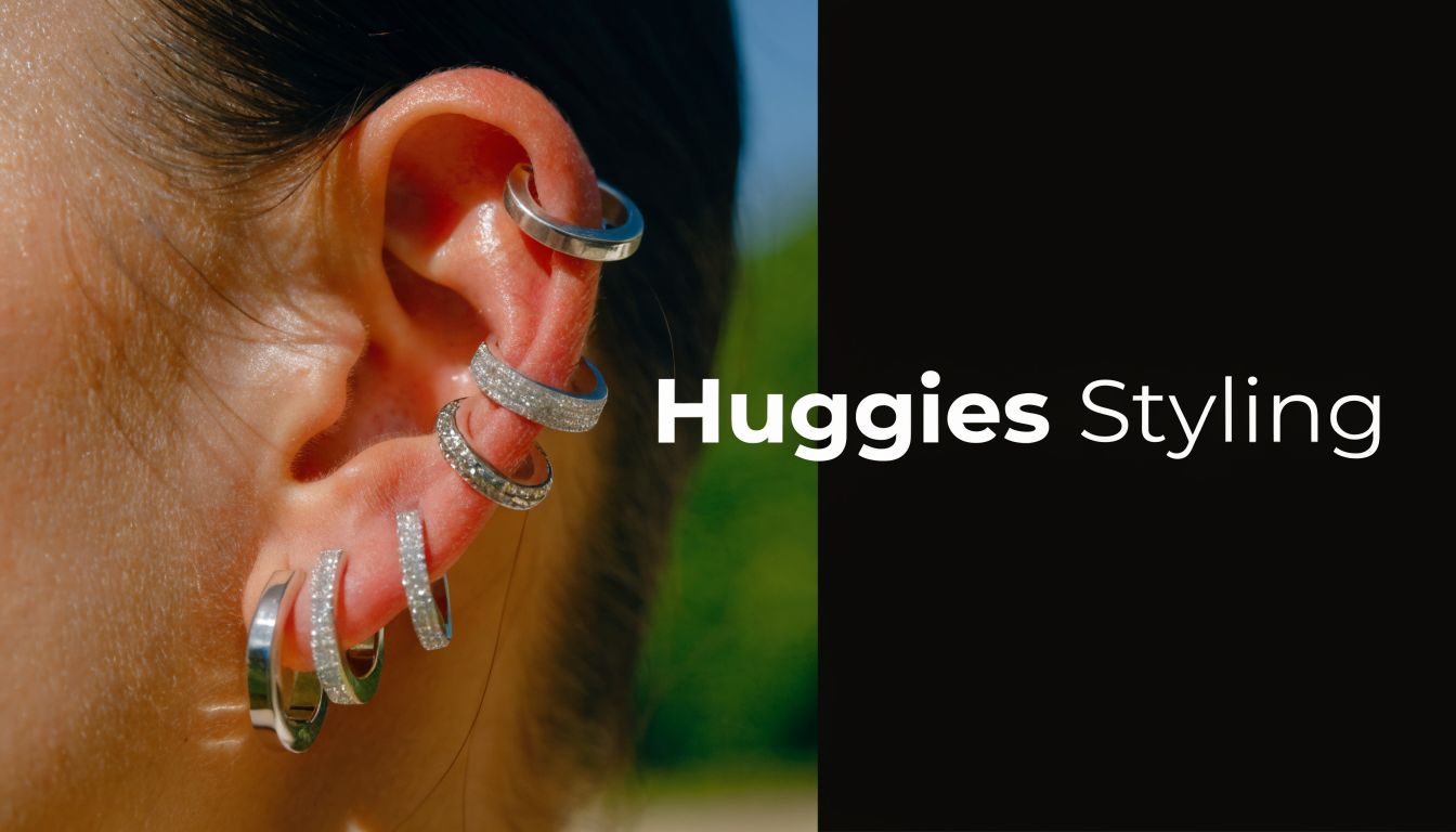 A close-up side profile of a person wearing multiple stylish silver huggie hoop earrings on their ear.