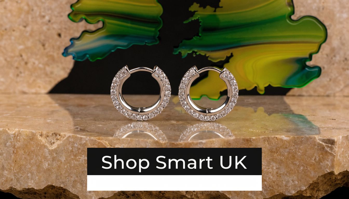 A pair of silver huggie earrings with small sparkling stones displayed on a natural rock surface.