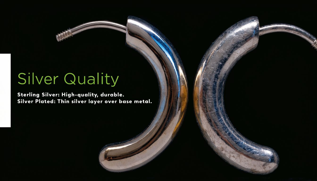 A pair of silver hoop earrings shown for quality comparison, featuring text about sterling silver and plating.
