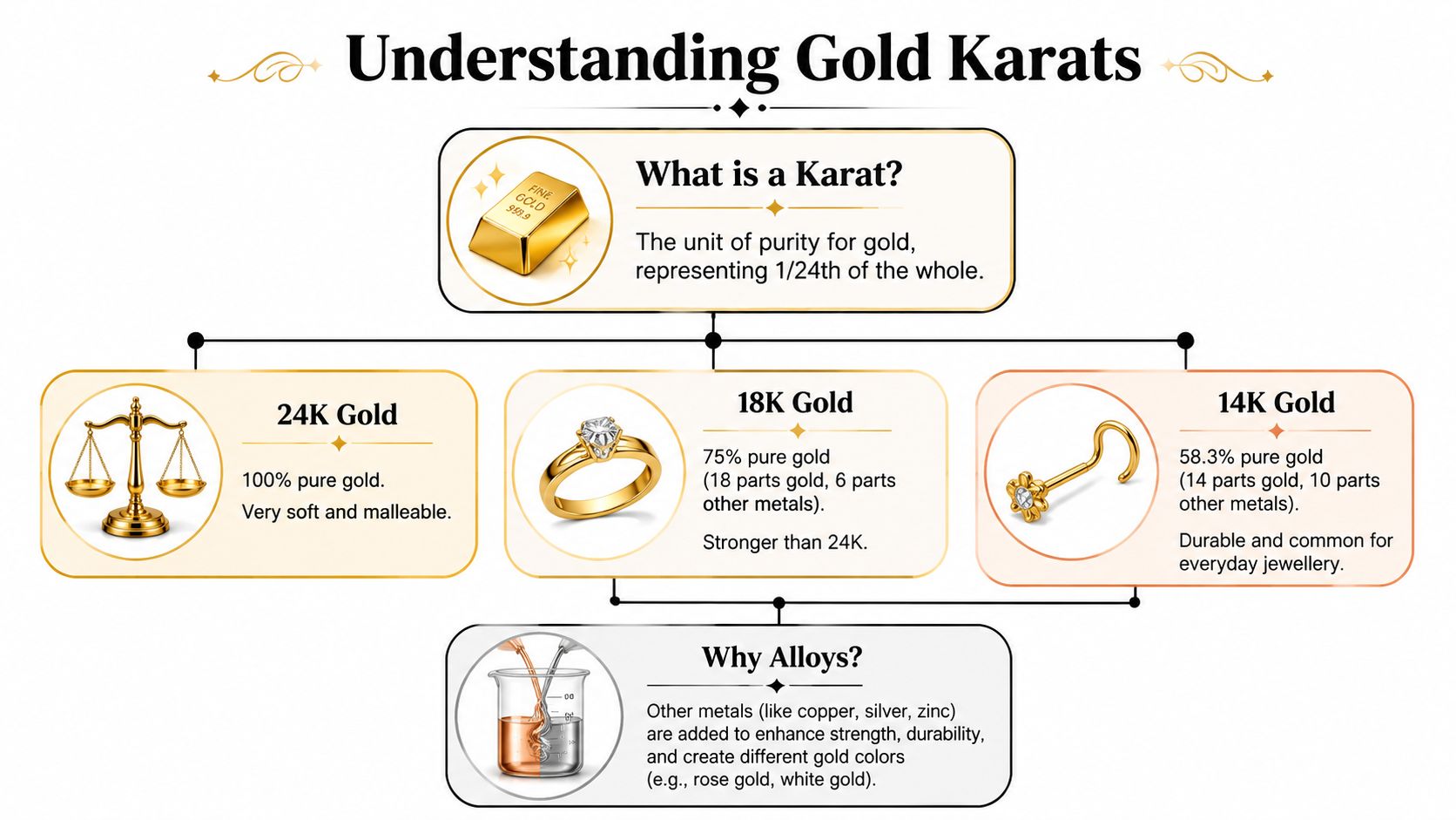 An infographic explaining gold karats, comparing 24K, 18K, and 14K gold purity levels and jewelry types.