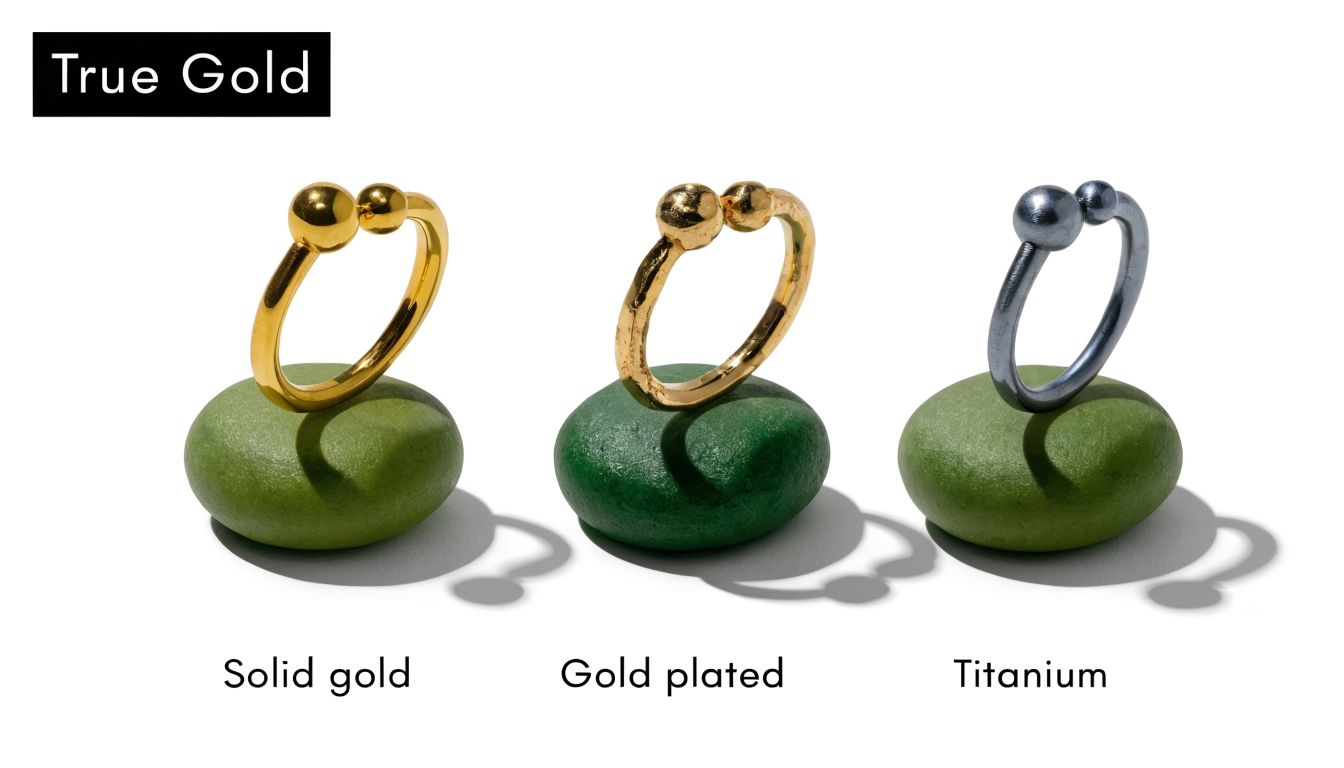 Three open hoop rings made of solid gold, gold plated, and titanium displayed on green stones.