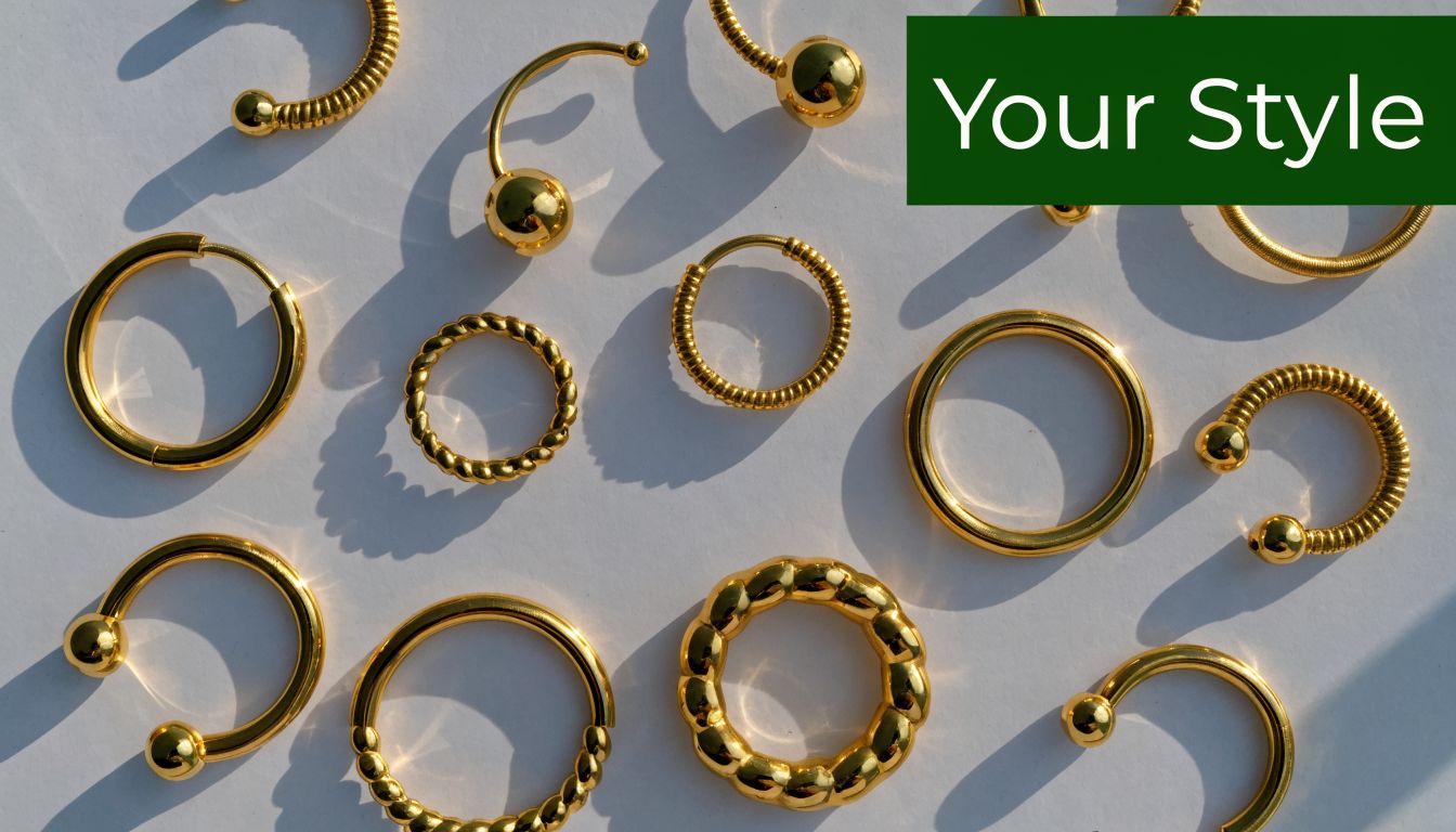 A collection of various gold hoop nose rings and jewelry scattered on a plain white surface.