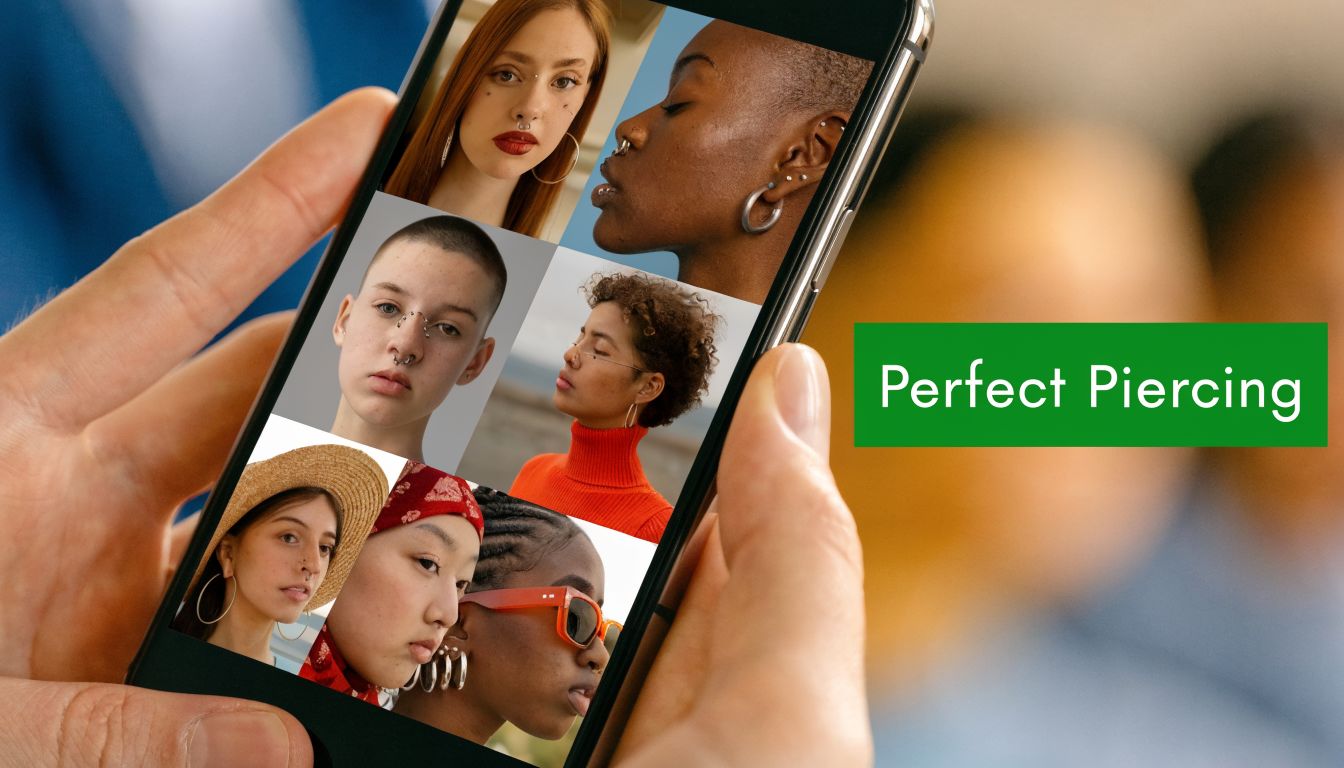 A smartphone screen displaying a photo collage of various individuals showcasing different styles of facial piercings.