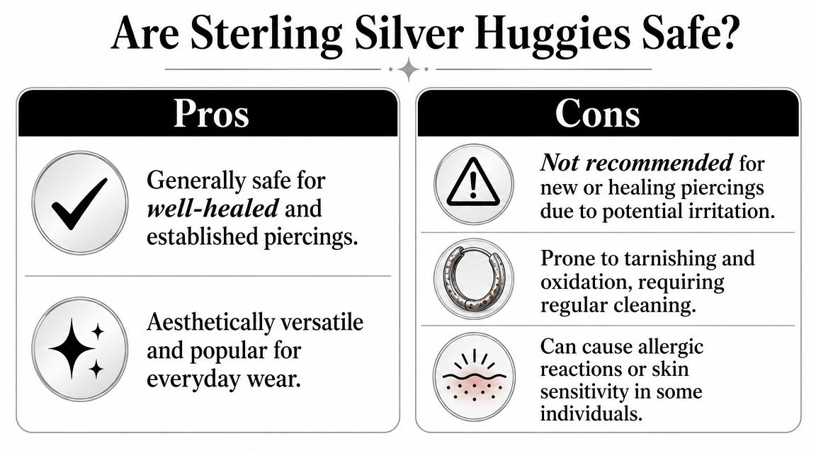 A comparison chart highlighting the pros and cons of wearing sterling silver huggie earrings.