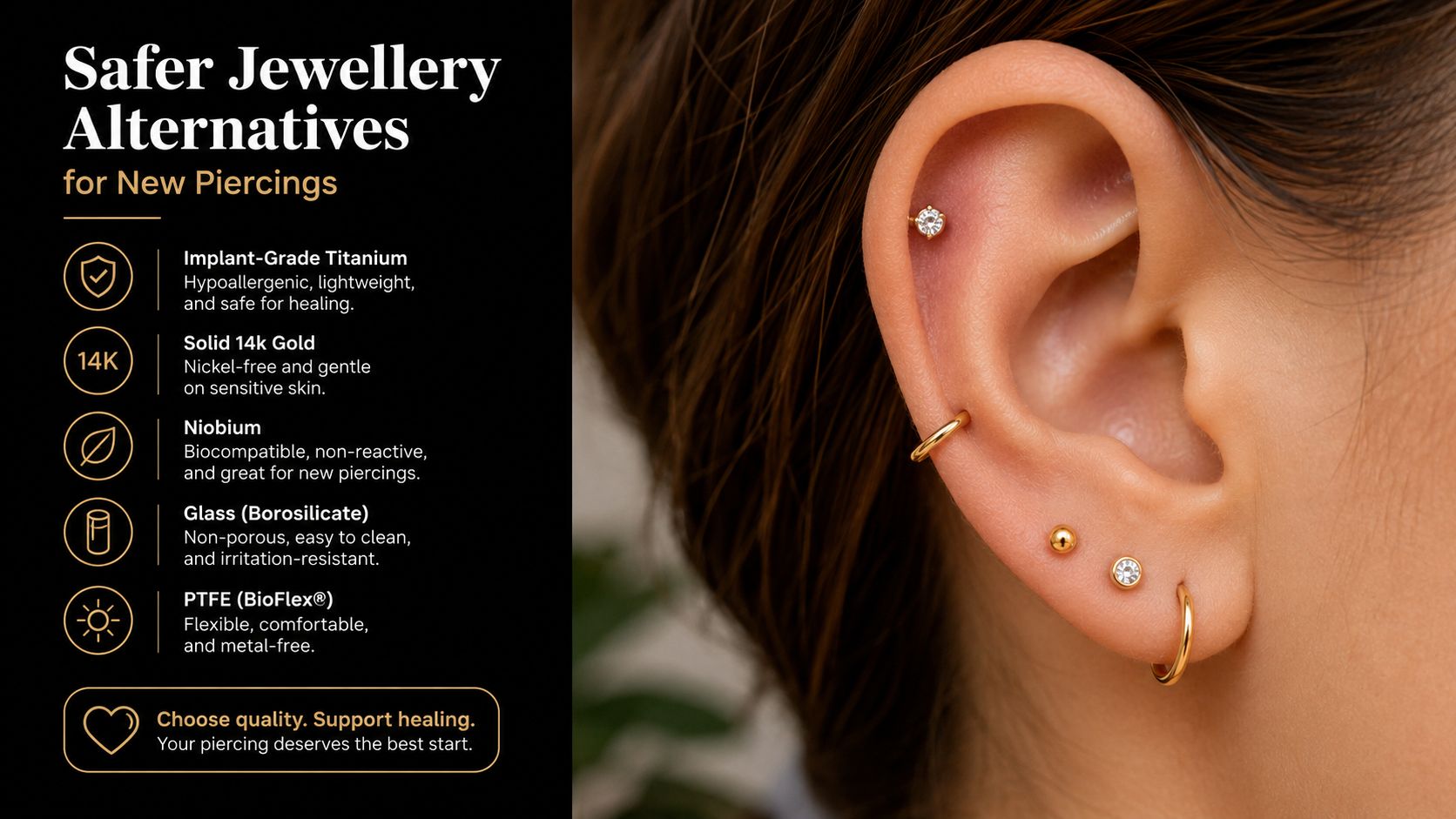A list of safe jewelry materials for new piercings displayed next to a close-up ear image.