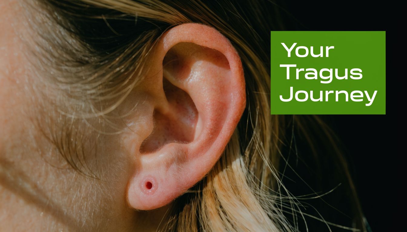 A close-up view of an earlobe with a stretched piercing and a text overlay box.