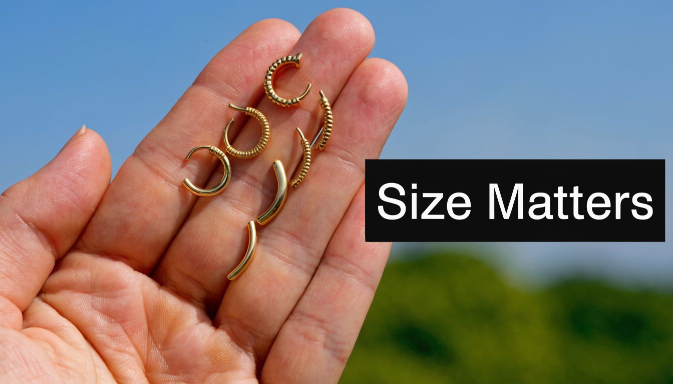 A hand holding a variety of different sized and textured gold tragus hoop earrings outdoors.