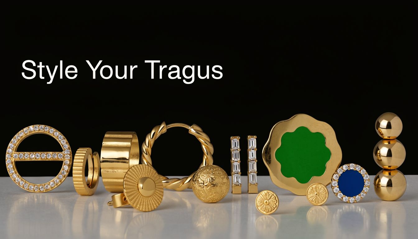 A collection of various gold tragus jewelry pieces arranged on a reflective surface against black.