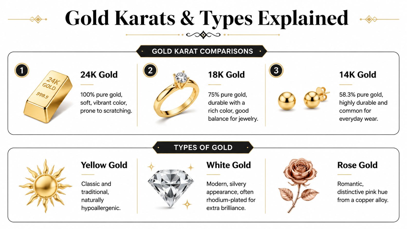 An infographic explaining different gold karats and gold types for jewelry, including yellow, white, and rose gold.