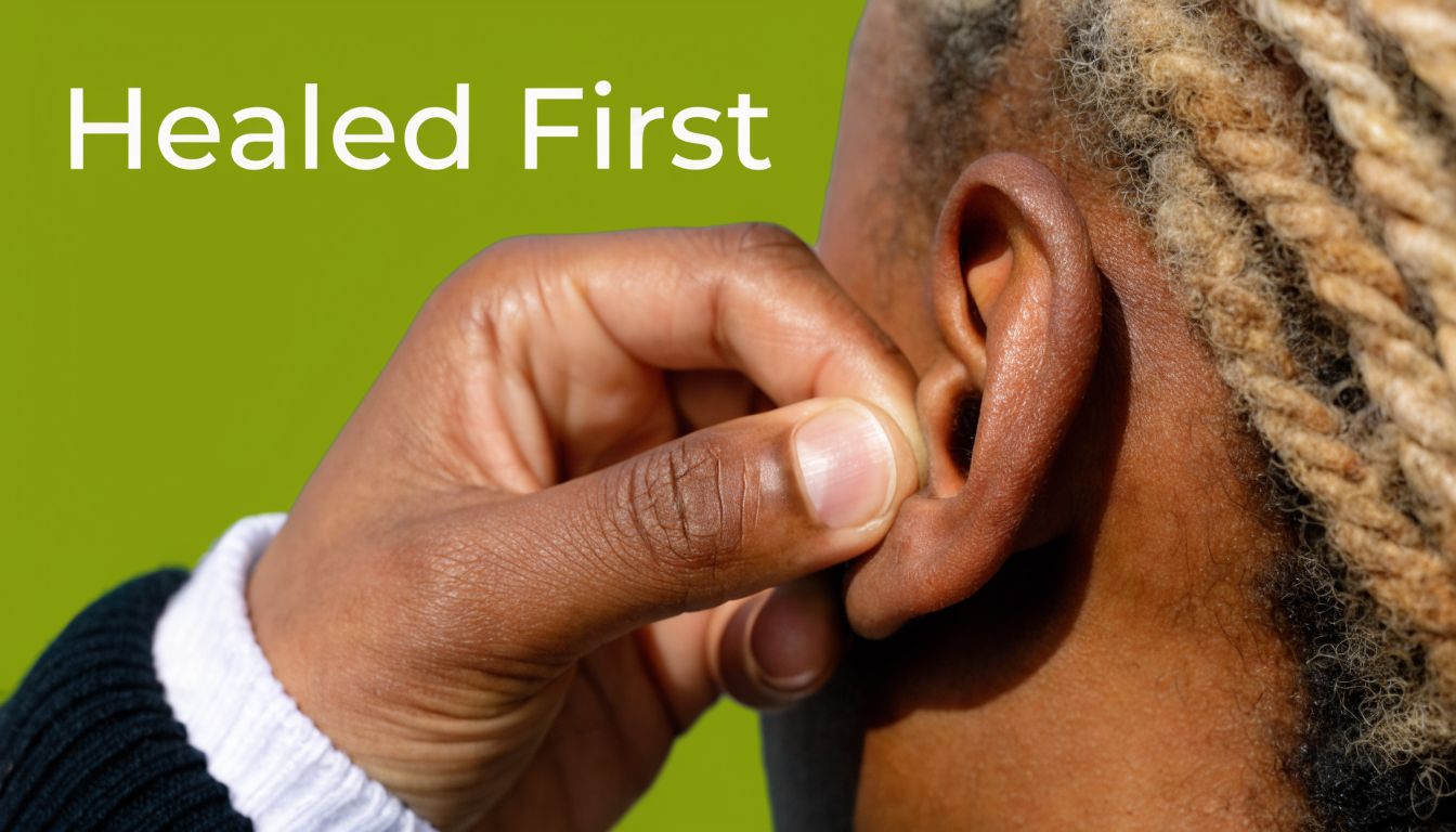 A close-up view of a person adjusting a small metal hoop earring in their tragus piercing.
