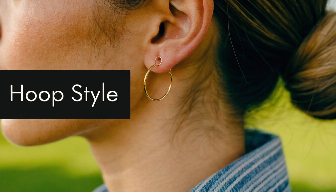 A close-up view of a person wearing a delicate gold hoop earring in their earlobe.