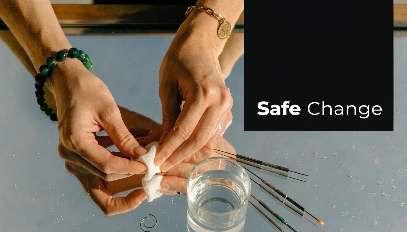 A person preparing to change a tragus piercing using clean gauze, water, and specialized piercing tools.