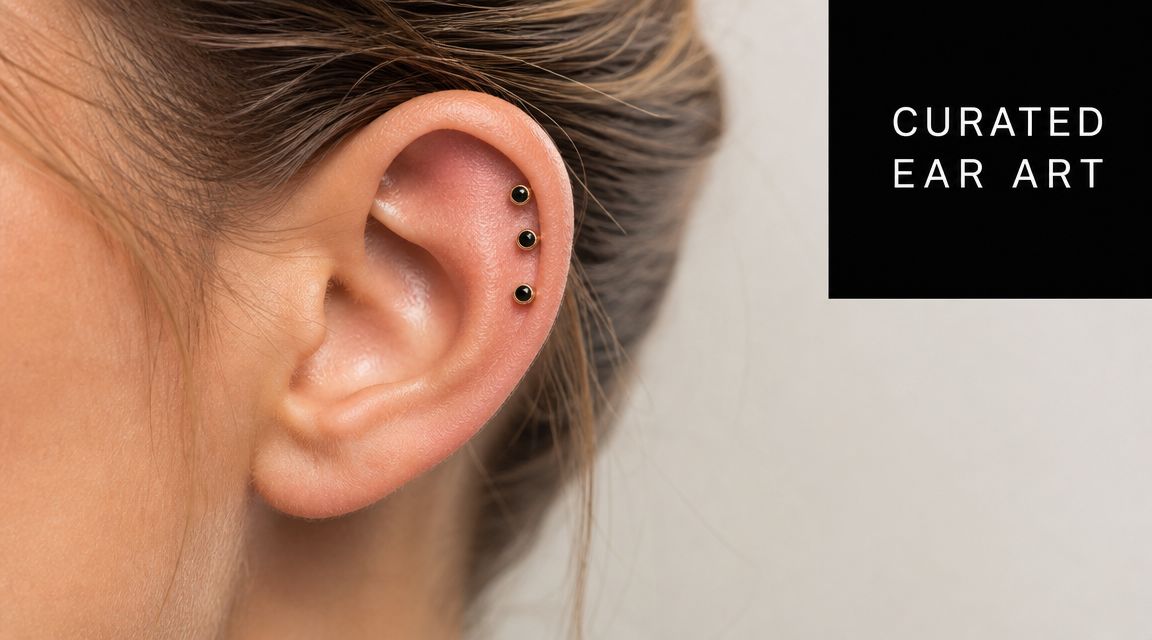 A close-up view of a woman's ear featuring a elegant tri-helix piercing with small black stones.