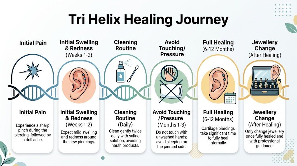 A visual guide outlining the six stages of the tri helix piercing healing process from pain to recovery.