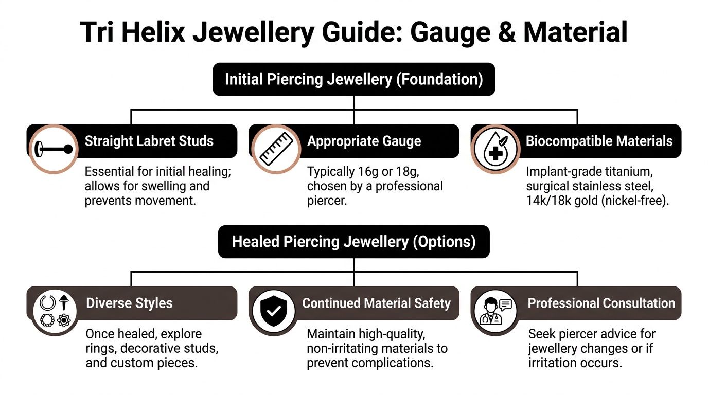 An infographic guide explaining appropriate gauge and material choices for initial and healed tri helix piercings.