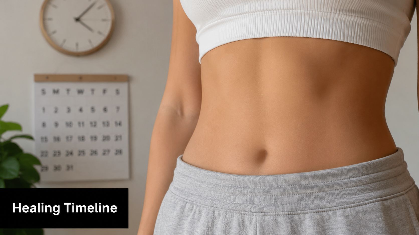 A close-up view of a person's midriff near a wall with a calendar and clock.