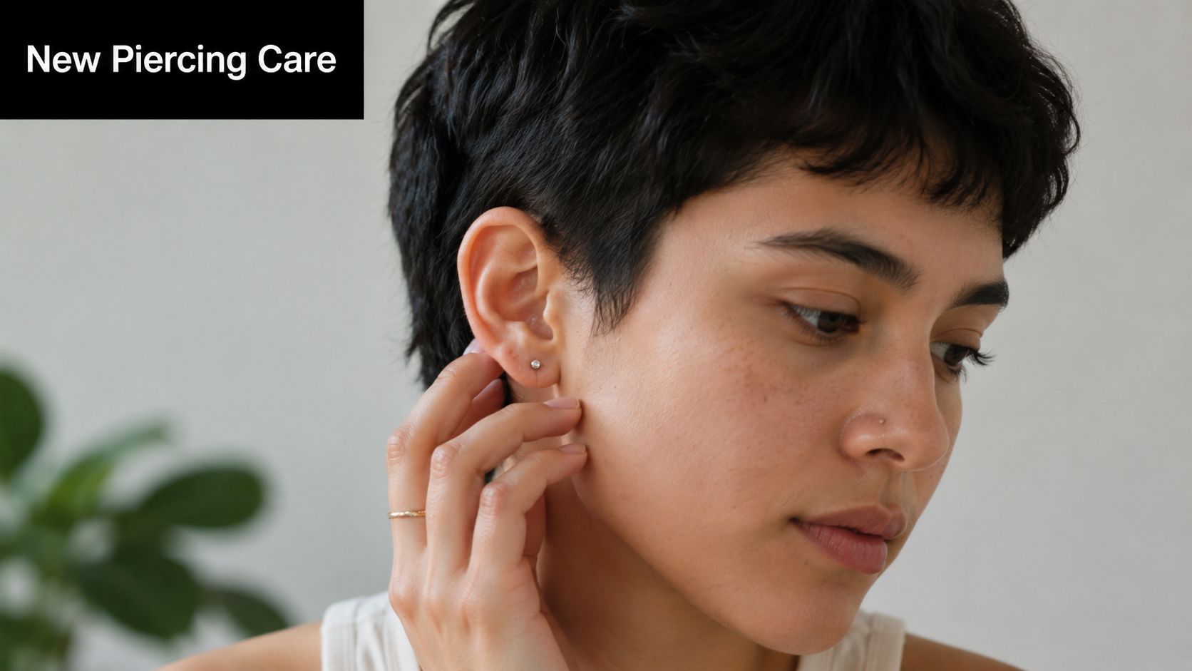 A person with short dark hair gently touching their earlobe with a delicate stud piercing.