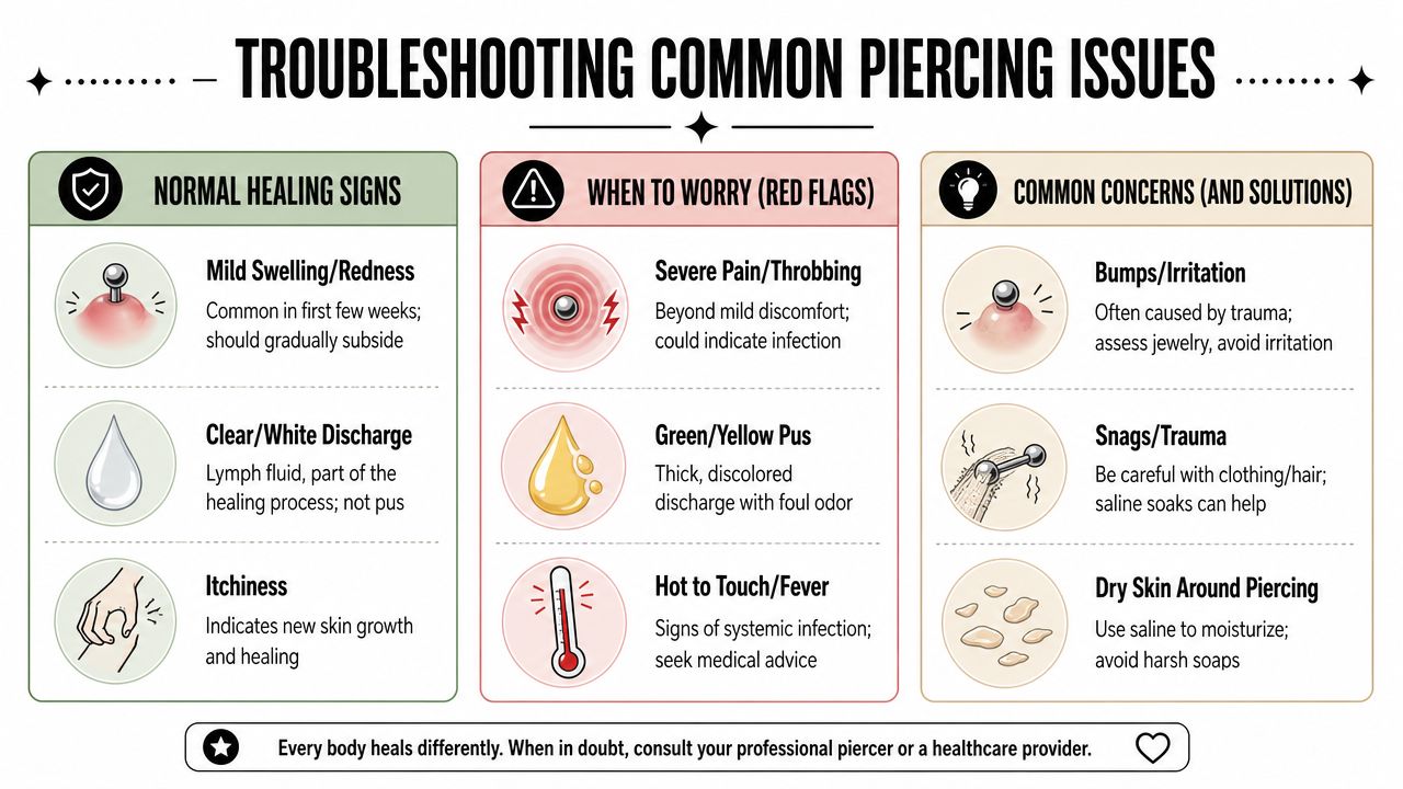 An infographic detailing normal piercing healing signs, warning red flags, and common care solutions for piercings.