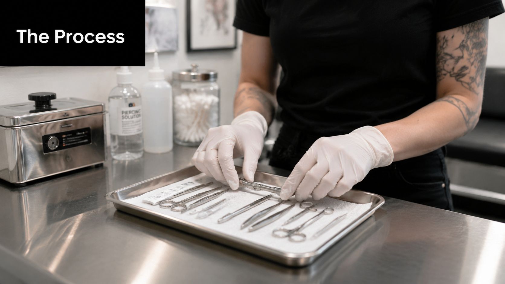A professional piercer in gloves arranges sterile metal tools on a tray in a clean studio.