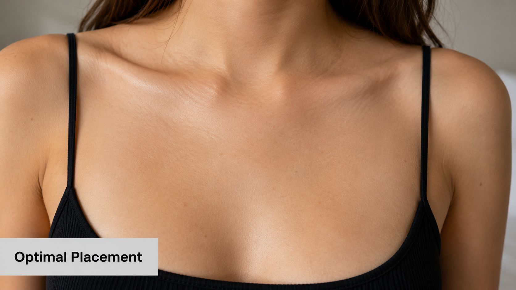 A close-up view of a woman's chest area showing the skin surface for potential dermal piercings.