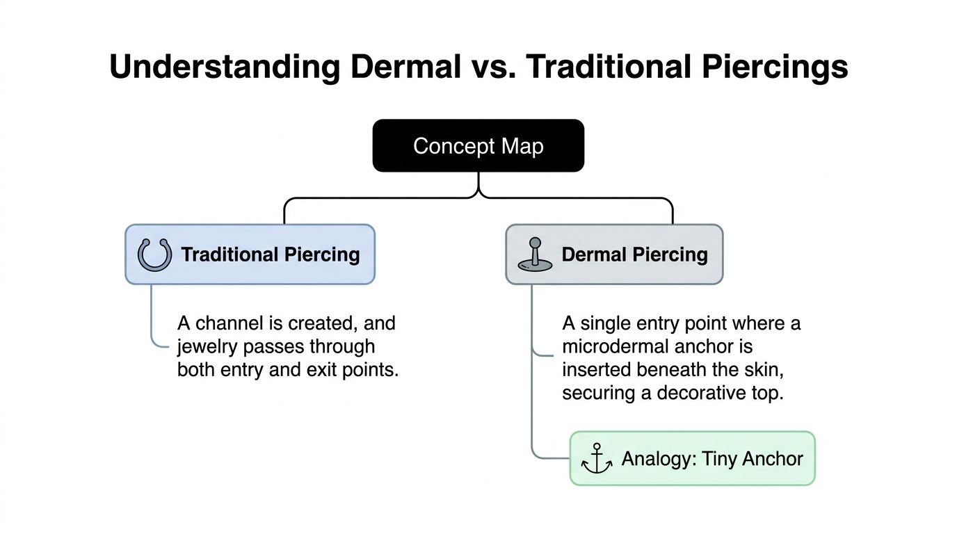 A concept map comparing traditional piercings and dermal piercings with short definitions and a helpful analogy.
