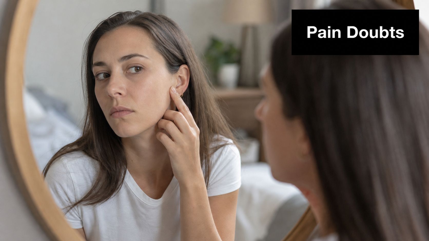 A young woman looking in a mirror while touching her ear, considering a potential conch piercing.
