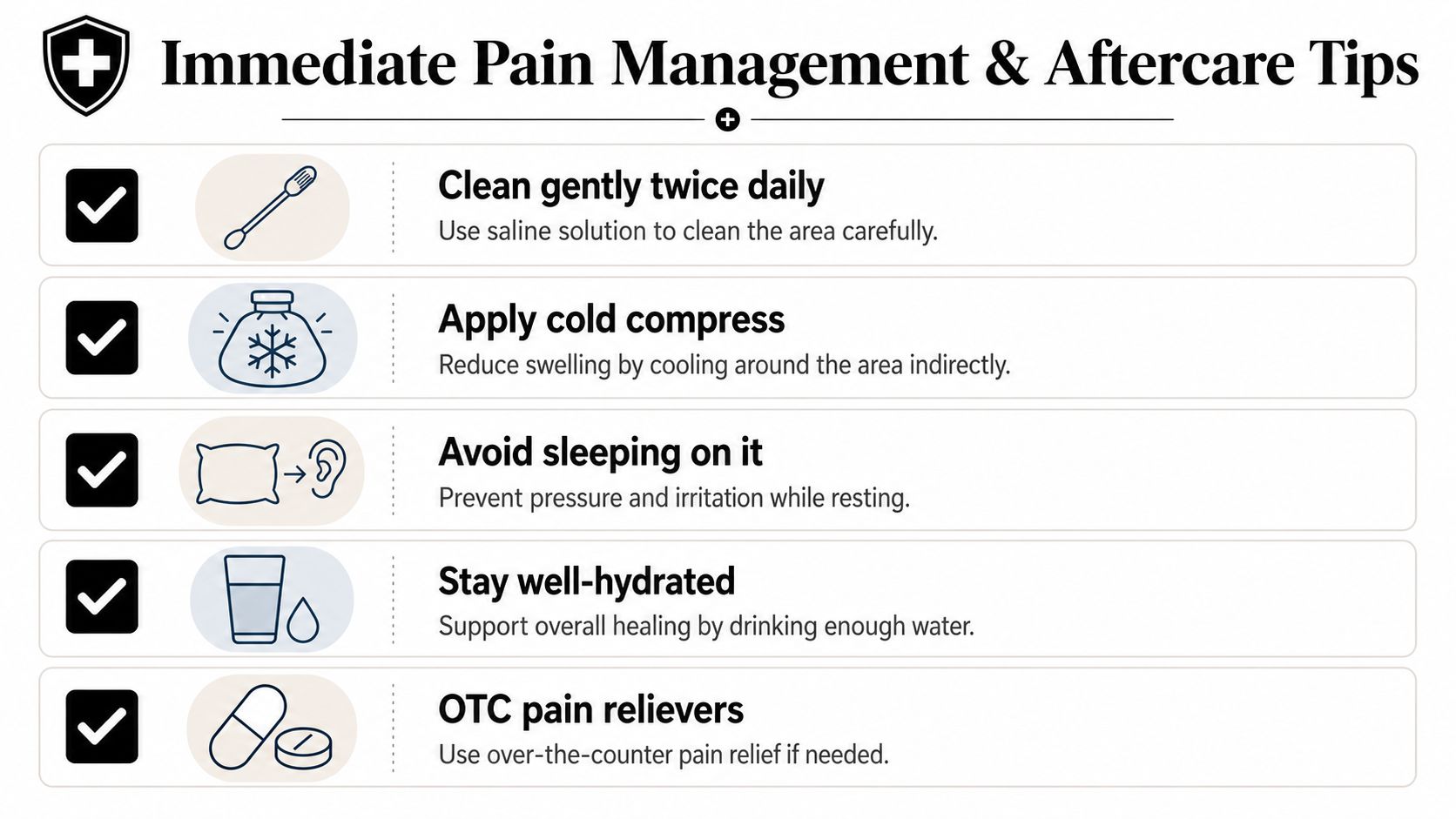 A list of five essential immediate pain management and aftercare tips for a new body piercing.