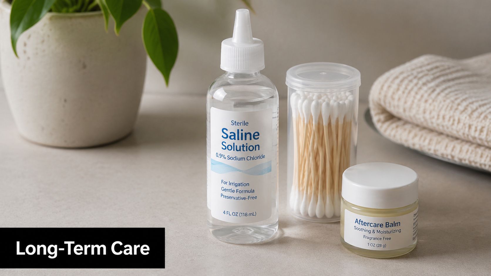 Set of piercing aftercare products including saline solution, cotton swabs, and healing balm on a counter.