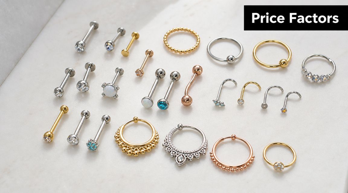 An assortment of various metal body piercing jewelry pieces displayed on a clean white stone surface.