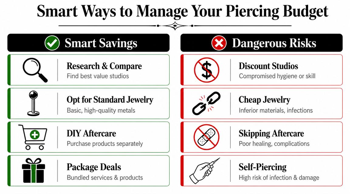 An infographic titled Smart Ways to Manage Your Piercing Budget contrasting smart savings with dangerous piercing risks.