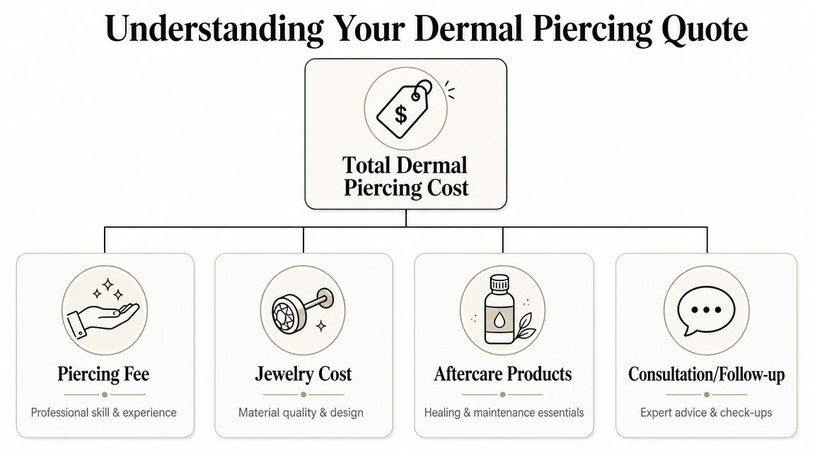 A flowchart explaining the components that make up the total cost of a dermal piercing procedure.