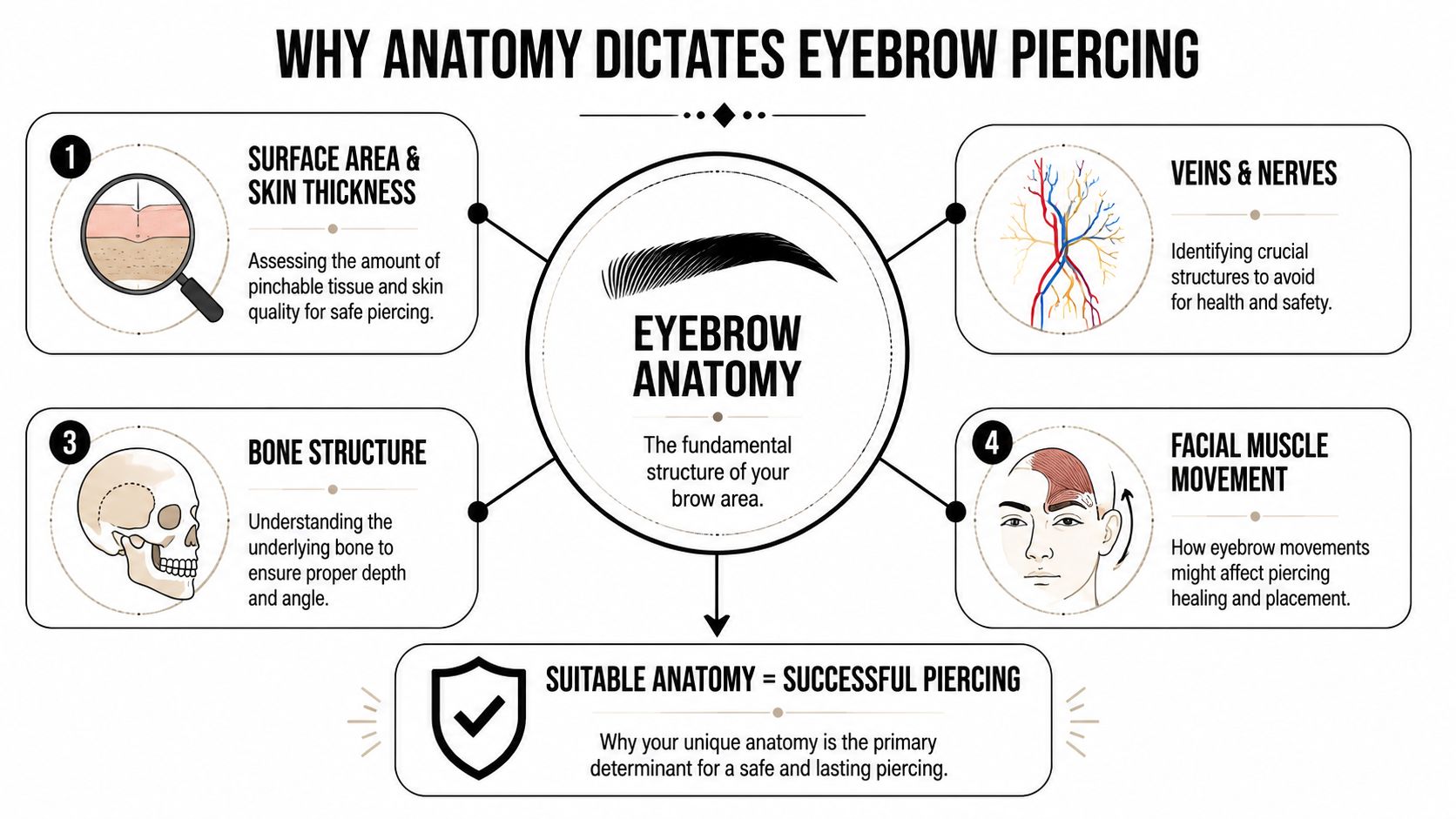 An infographic titled Why Anatomy Dictates Eyebrow Piercing, showing four key factors for safe piercing procedures.