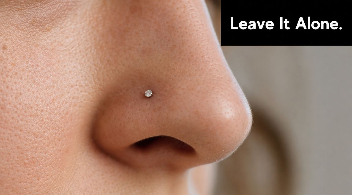 A close-up view of a person's nose showing a single, small stud piercing with the text Leave It Alone.