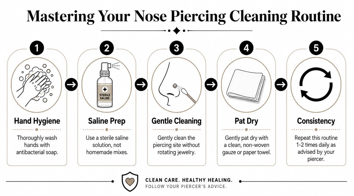 An infographic showing a five-step guide on how to clean a new nose piercing safely.