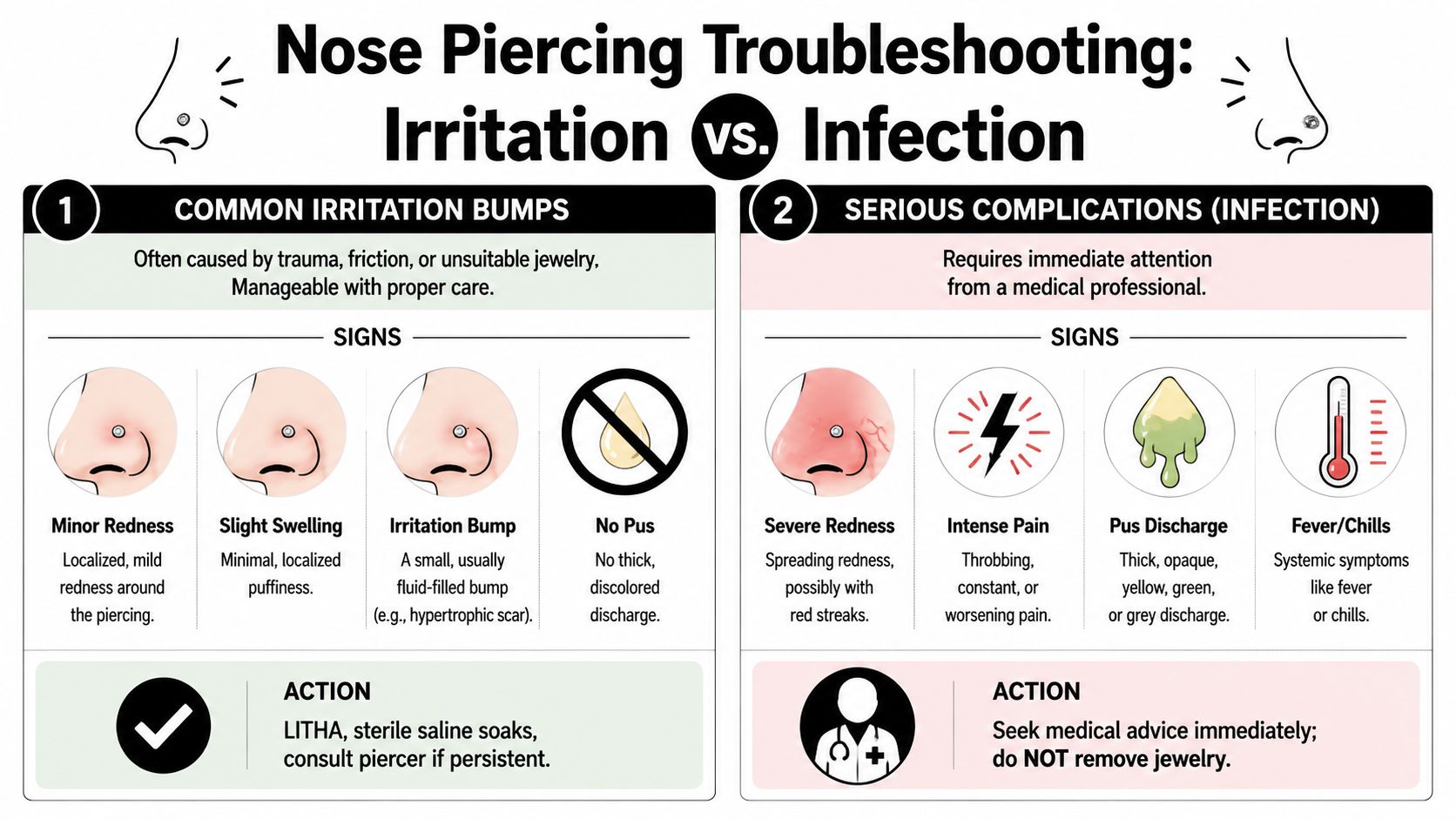 An infographic distinguishing between common nose piercing irritation and serious signs of a potential infection.