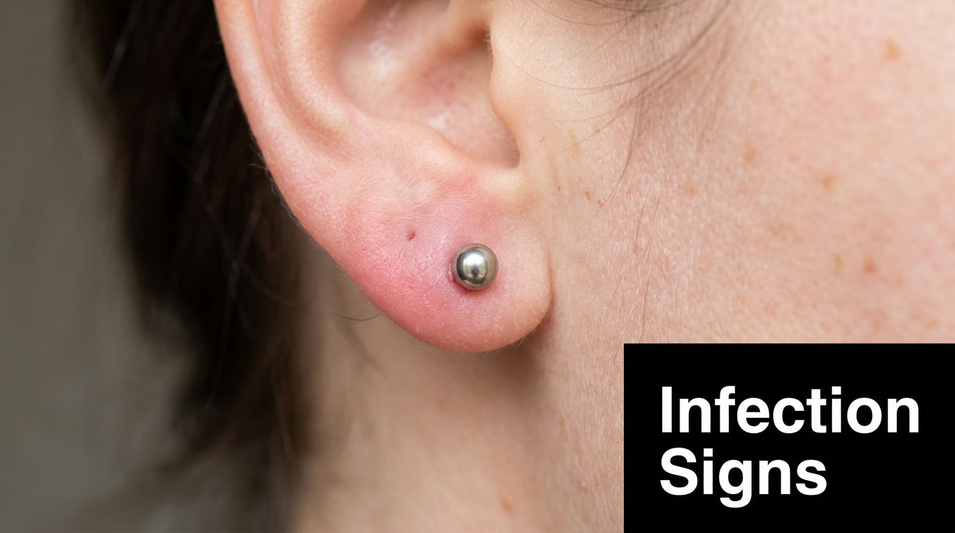 A close-up view of a person's earlobe showing signs of redness and irritation around a metal piercing.