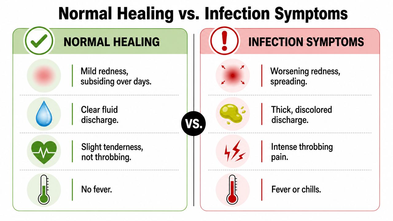 A comparison chart showing the differences between normal healing and infection symptoms for skin wounds or piercings.