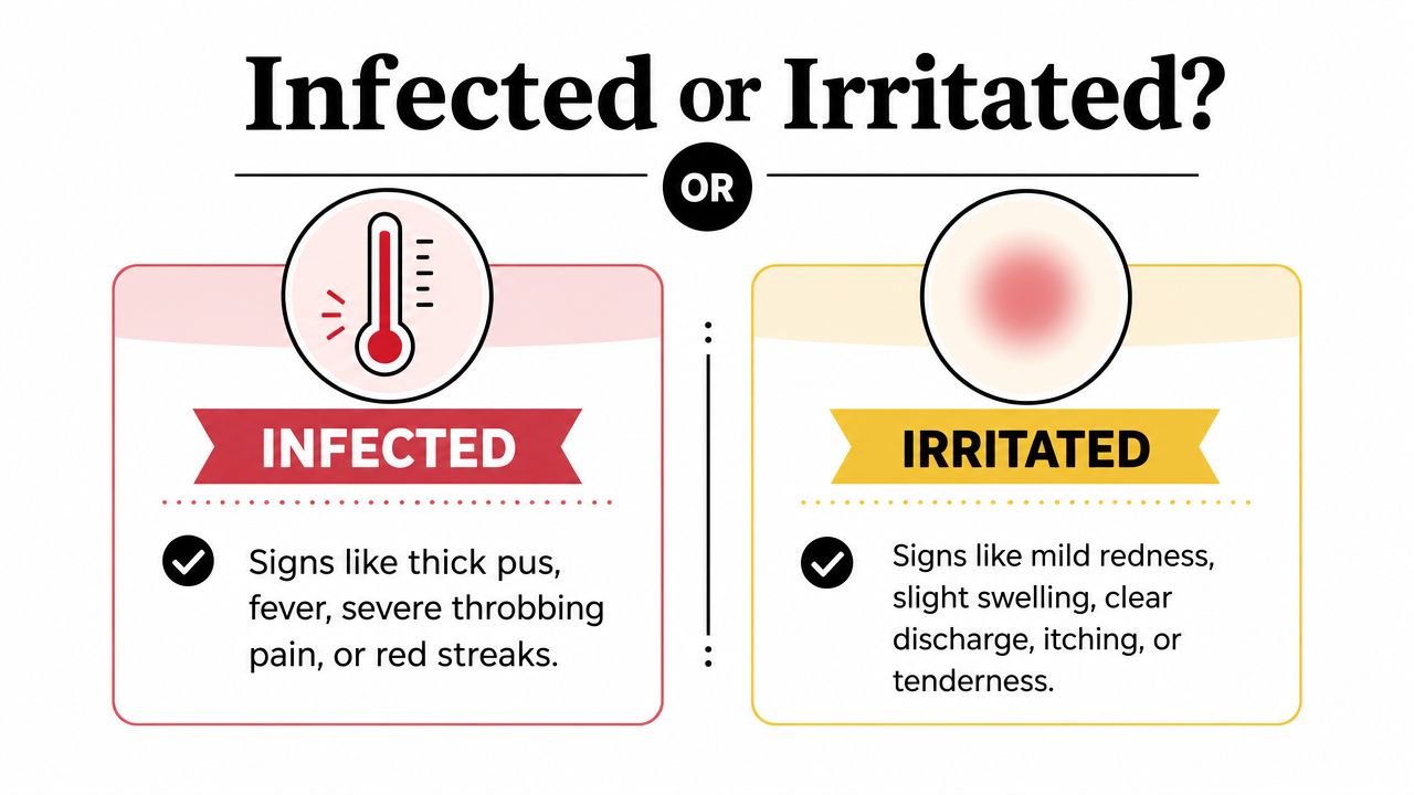 An infographic comparing the symptoms of an infected piercing versus a merely irritated one.