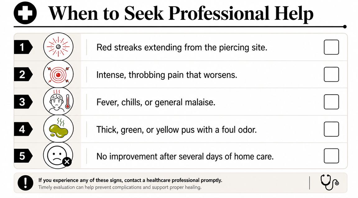 A list of five warning signs indicating a piercing is infected and requires professional medical attention.