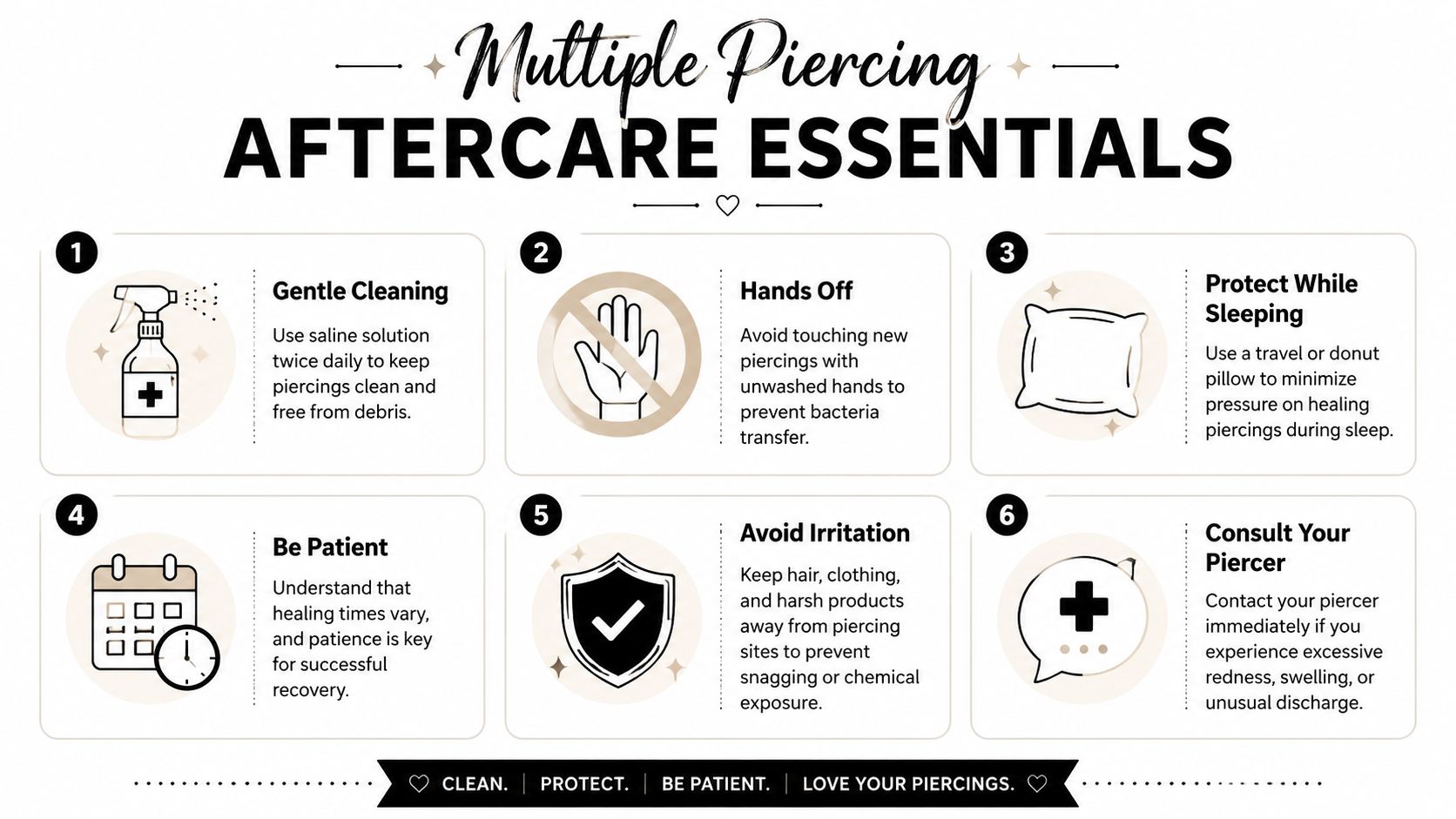 A professional infographic outlining six essential aftercare tips for maintaining health and healing multiple body piercings.