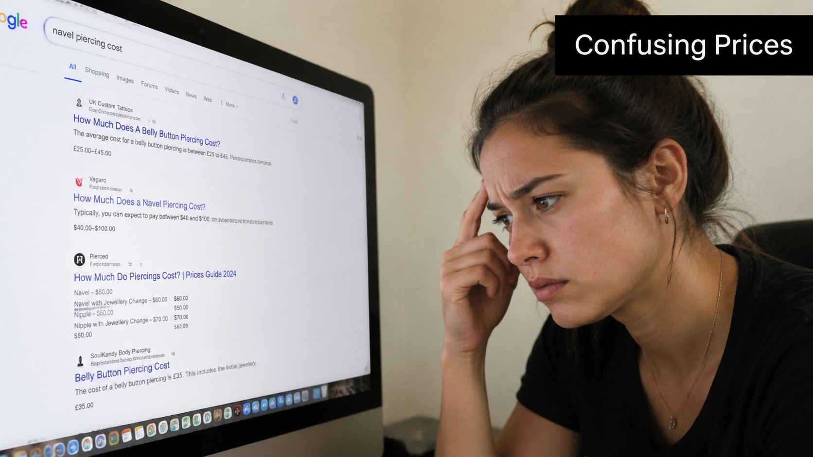 A concerned woman sits at a computer looking at varying search results for navel piercing costs.